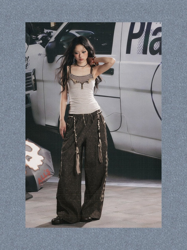 Plaid Patchwork High-Waisted Loose Straight Wide-Leg Work Pants【s0000017335】