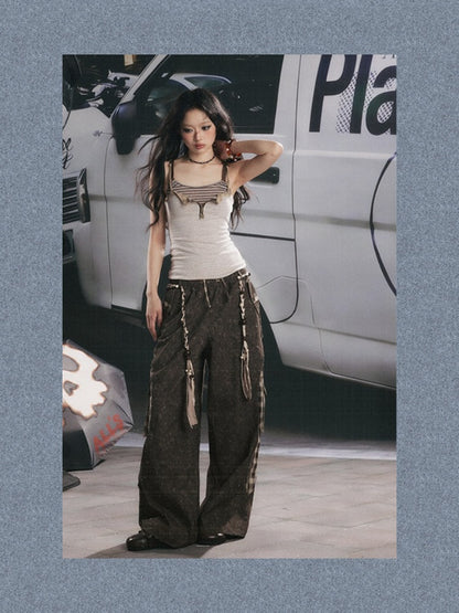 Plaid Patchwork High-Waisted Loose Straight Wide-Leg Work Pants【s0000017335】