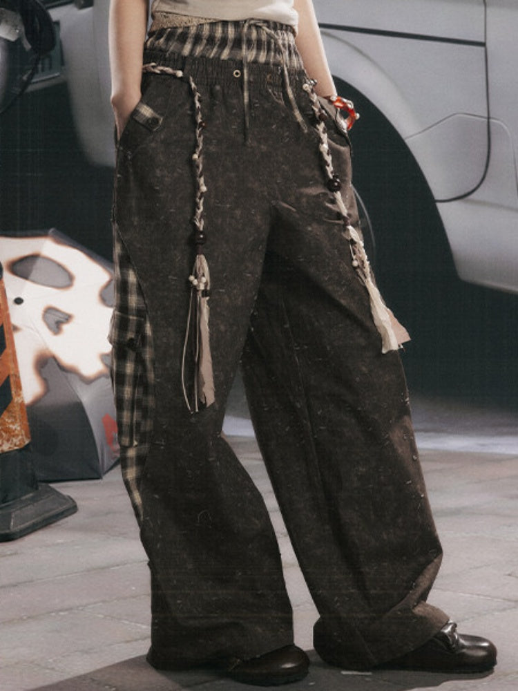 Plaid Patchwork High-Waisted Loose Straight Wide-Leg Work Pants【s0000017335】