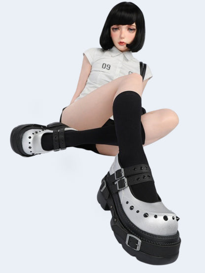 Cyberpunk Style Silver Mary Jane Platform Shoes【s0000017338】