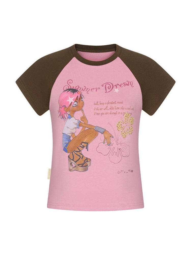 Pink-Brown Raglan Sleeve Color-Block Short-Sleeve T-Shirt【s0000017343】