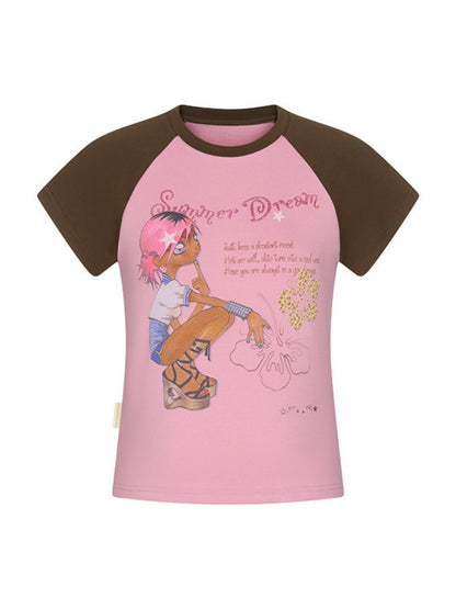 Pink-Brown Raglan Sleeve Color-Block Short-Sleeve T-Shirt【s0000017343】