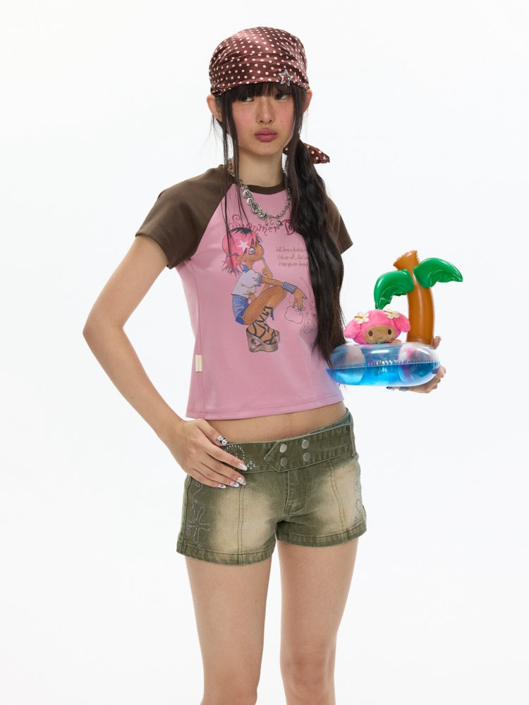 Pink-Brown Raglan Sleeve Color-Block Short-Sleeve T-Shirt【s0000017343】