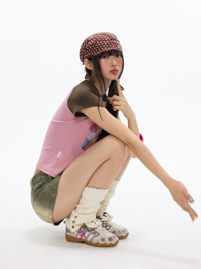 Pink-Brown Raglan Sleeve Color-Block Short-Sleeve T-Shirt【s0000017343】