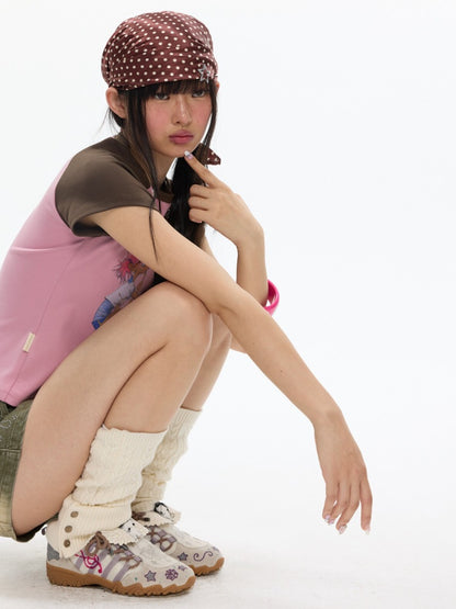 Pink-Brown Raglan Sleeve Color-Block Short-Sleeve T-Shirt【s0000017343】