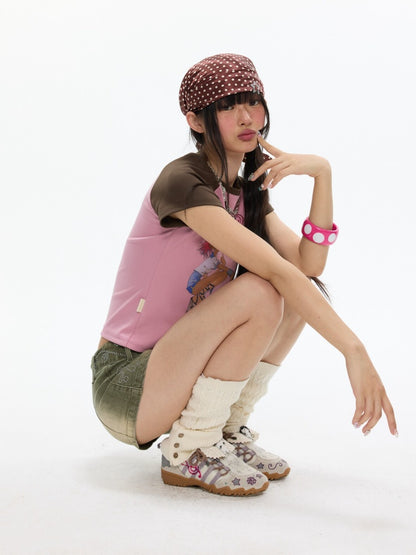 Pink-Brown Raglan Sleeve Color-Block Short-Sleeve T-Shirt【s0000017343】