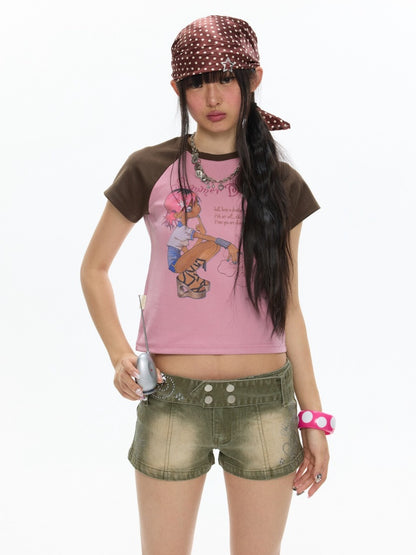 Pink-Brown Raglan Sleeve Color-Block Short-Sleeve T-Shirt【s0000017343】