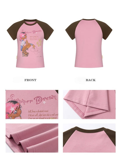 Pink-Brown Raglan Sleeve Color-Block Short-Sleeve T-Shirt【s0000017343】