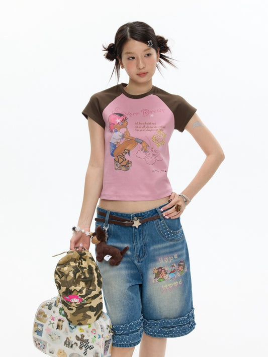 Pink-Brown Raglan Sleeve Color-Block Short-Sleeve T-Shirt【s0000017343】