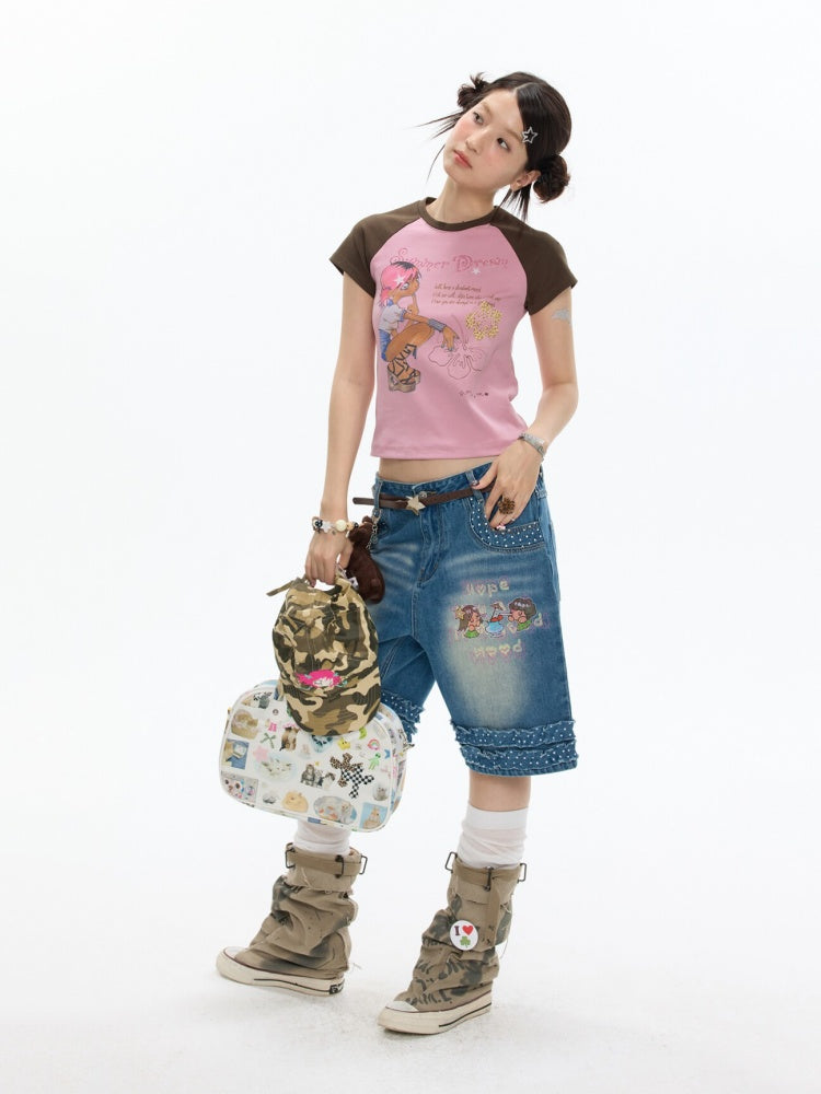 Pink-Brown Raglan Sleeve Color-Block Short-Sleeve T-Shirt【s0000017343】