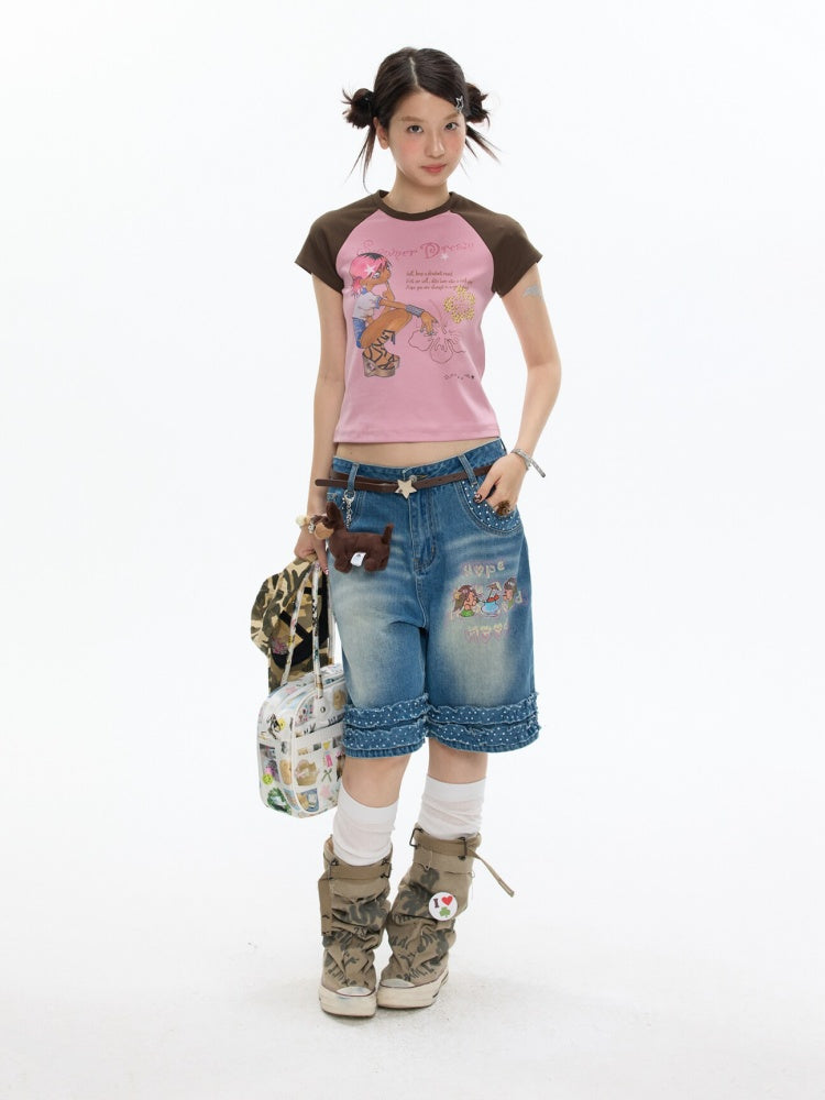 Pink-Brown Raglan Sleeve Color-Block Short-Sleeve T-Shirt【s0000017343】