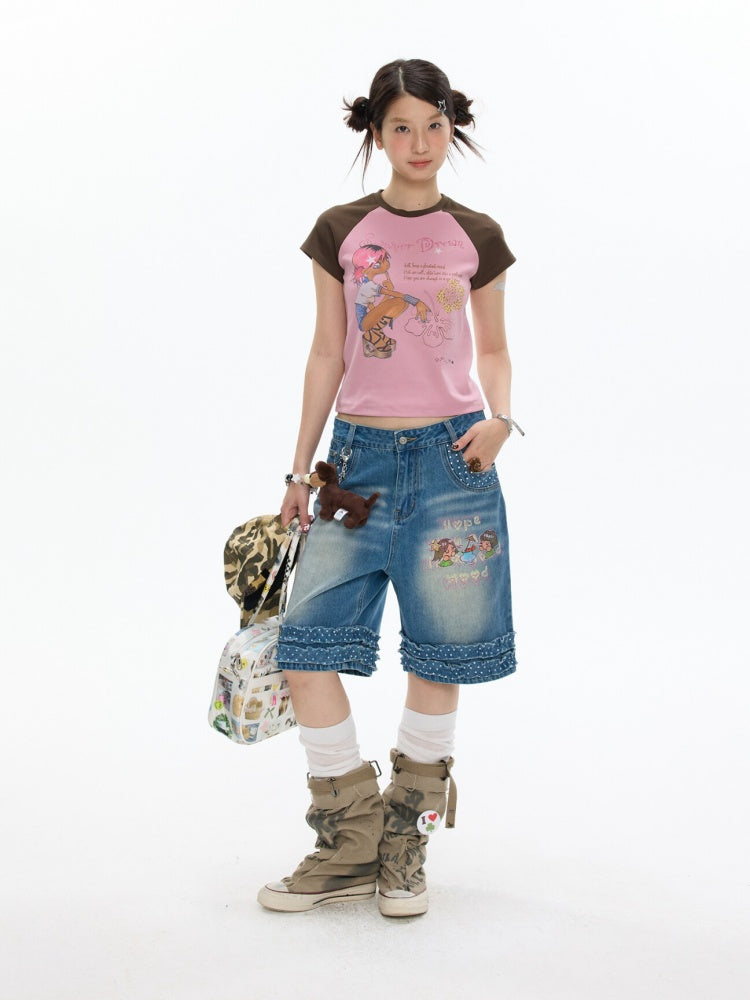 Pink-Brown Raglan Sleeve Color-Block Short-Sleeve T-Shirt【s0000017343】