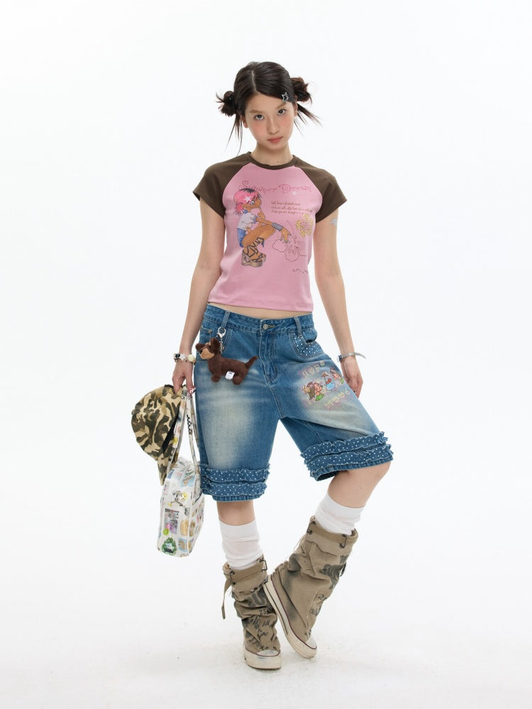Pink-Brown Raglan Sleeve Color-Block Short-Sleeve T-Shirt【s0000017343】