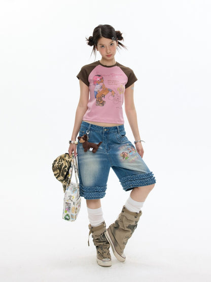 Pink-Brown Raglan Sleeve Color-Block Short-Sleeve T-Shirt【s0000017343】