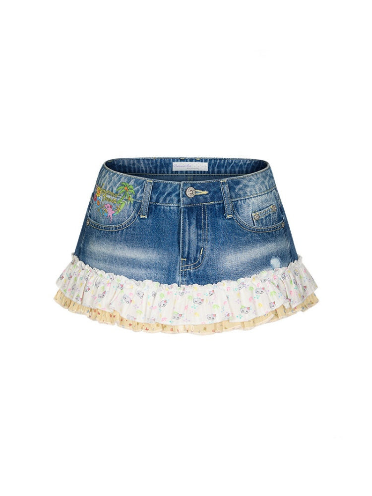 Cute Floral Denim Short Skirt With Safety Pants【s0000017346】