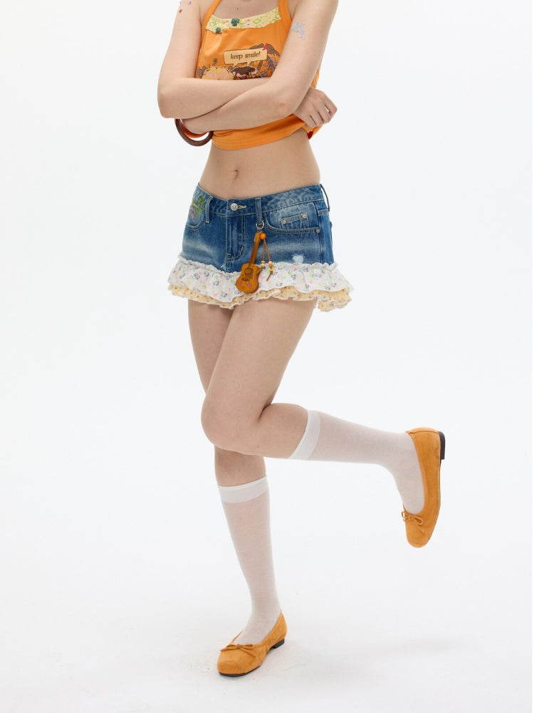 Cute Floral Denim Short Skirt With Safety Pants【s0000017346】