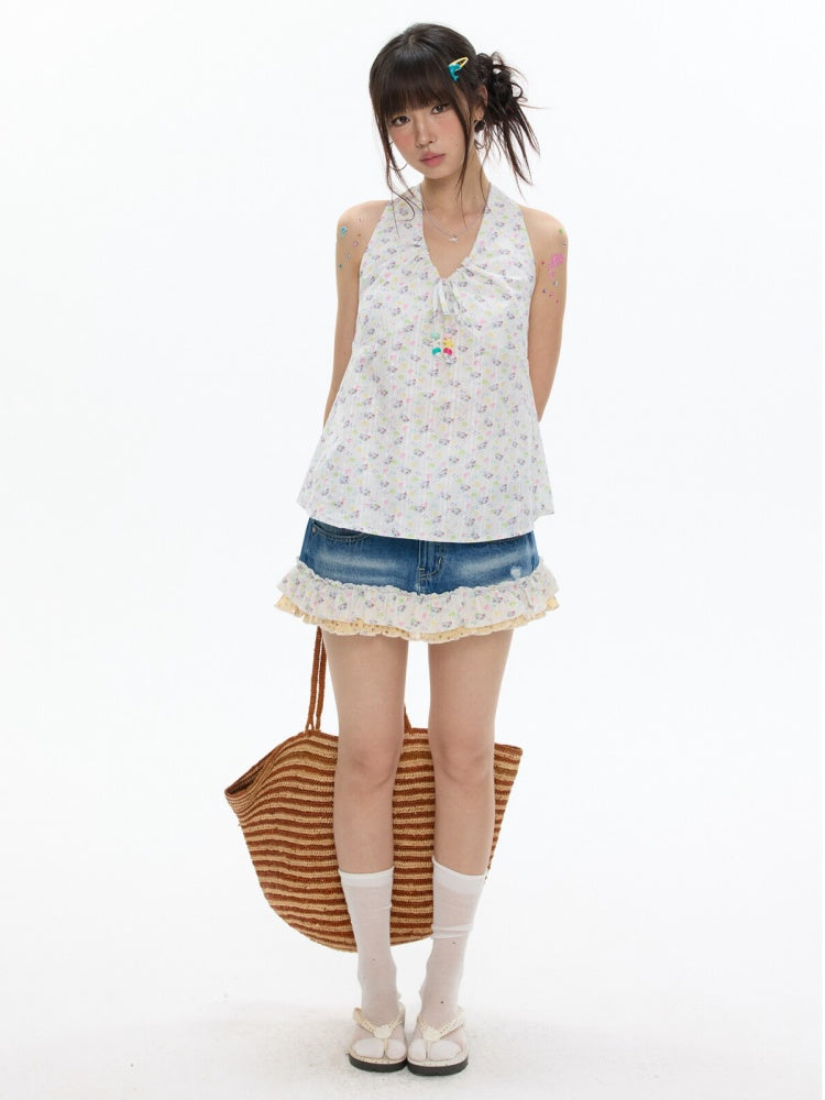 Cute Floral Denim Short Skirt With Safety Pants【s0000017346】