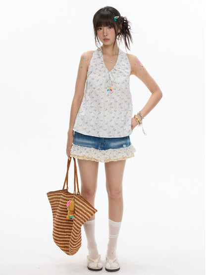 Cute Floral Denim Short Skirt With Safety Pants【s0000017346】
