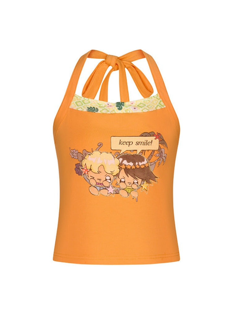 Cute California Orange Bead Embroidered Halter-Neck Tops【s0000017347】