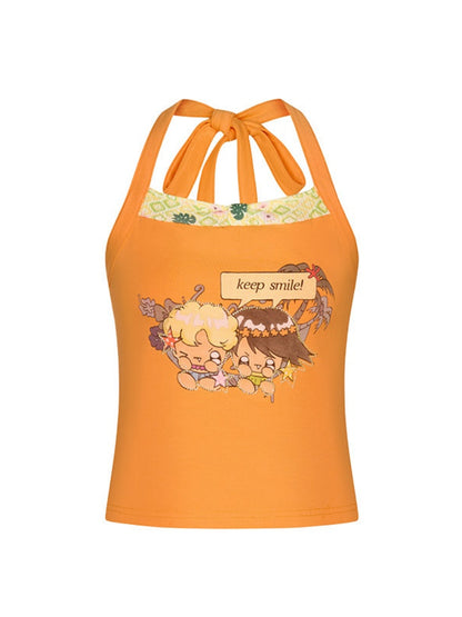 Cute California Orange Bead Embroidered Halter-Neck Tops【s0000017347】