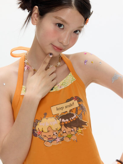 Cute California Orange Bead Embroidered Halter-Neck Tops【s0000017347】