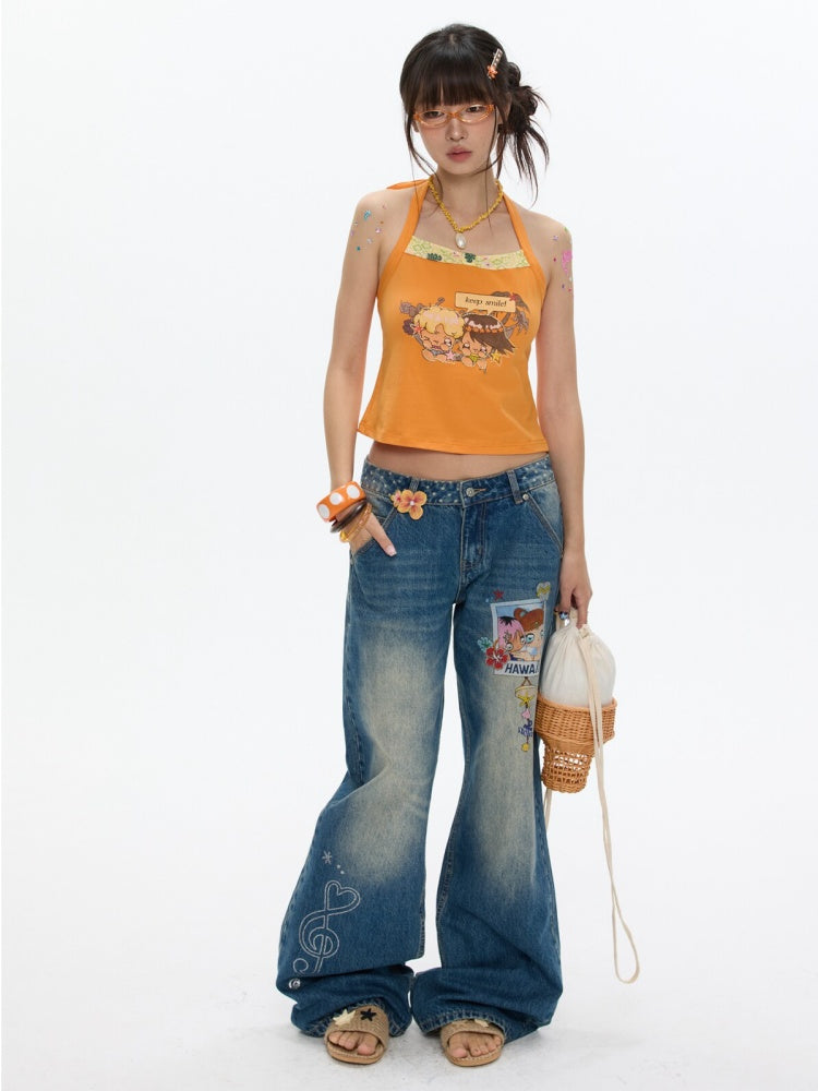 Cute California Orange Bead Embroidered Halter-Neck Tops【s0000017347】