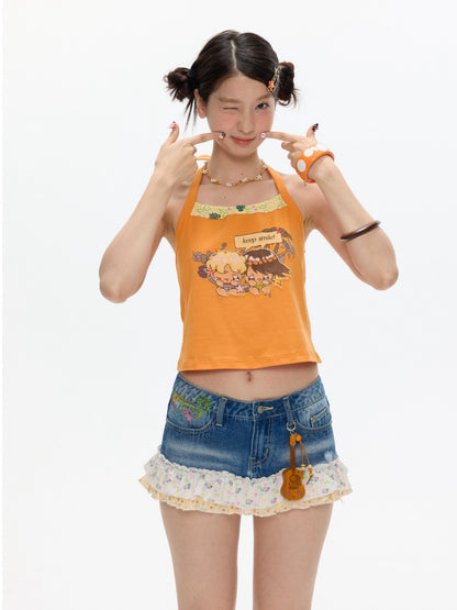Cute California Orange Bead Embroidered Halter-Neck Tops【s0000017347】
