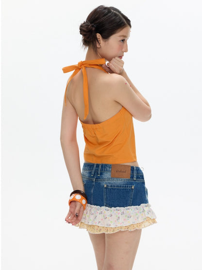 Cute California Orange Bead Embroidered Halter-Neck Tops【s0000017347】