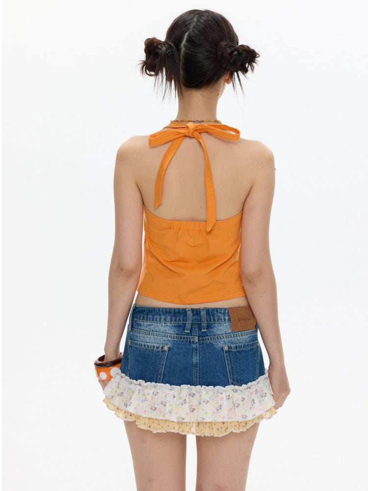 Cute California Orange Bead Embroidered Halter-Neck Tops【s0000017347】