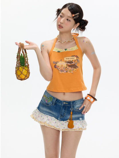 Cute California Orange Bead Embroidered Halter-Neck Tops【s0000017347】