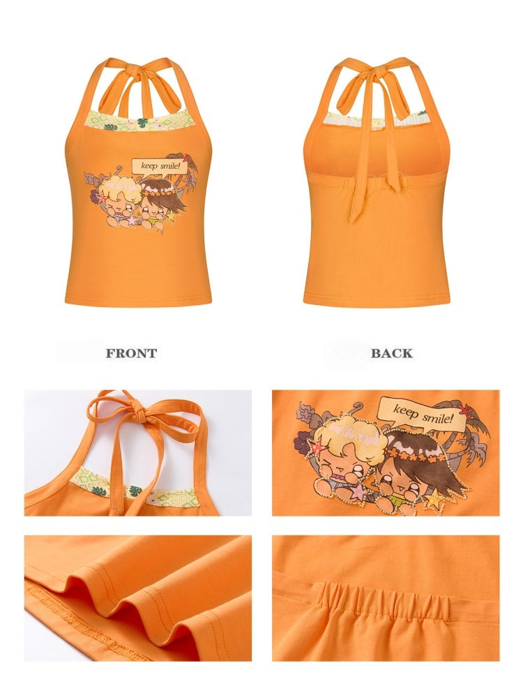 Cute California Orange Bead Embroidered Halter-Neck Tops【s0000017347】