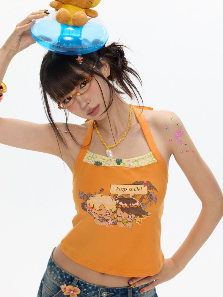 Cute California Orange Bead Embroidered Halter-Neck Tops【s0000017347】