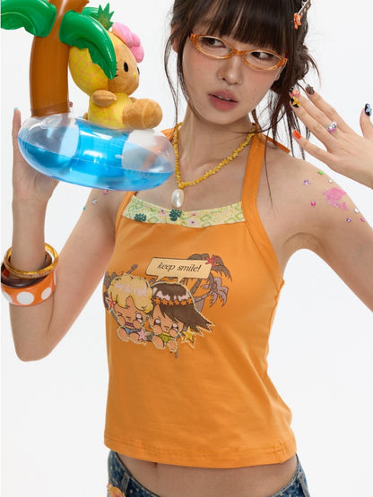 Cute California Orange Bead Embroidered Halter-Neck Tops【s0000017347】