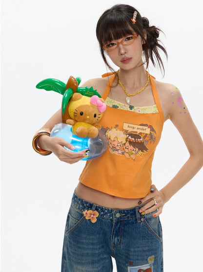 Cute California Orange Bead Embroidered Halter-Neck Tops【s0000017347】