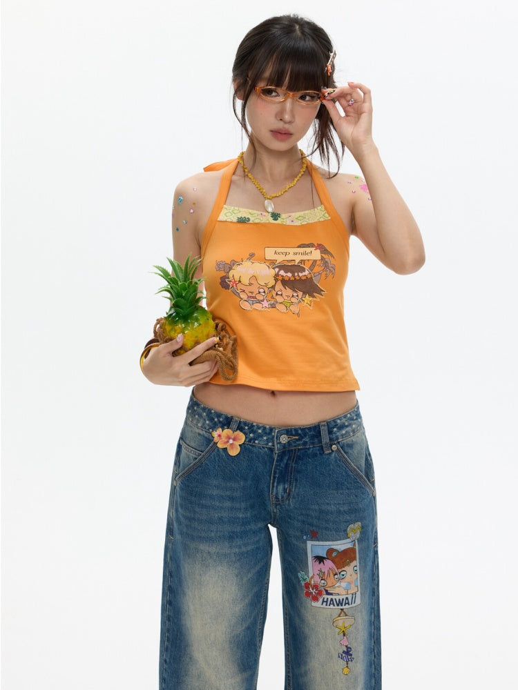 Cute California Orange Bead Embroidered Halter-Neck Tops【s0000017347】