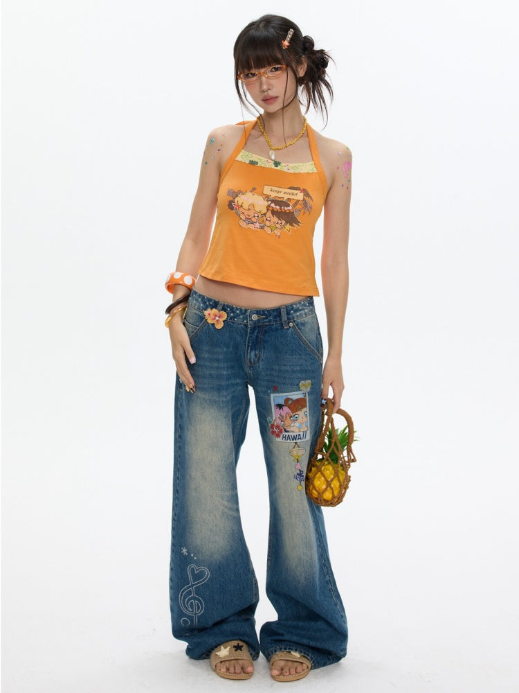Cute California Orange Bead Embroidered Halter-Neck Tops【s0000017347】