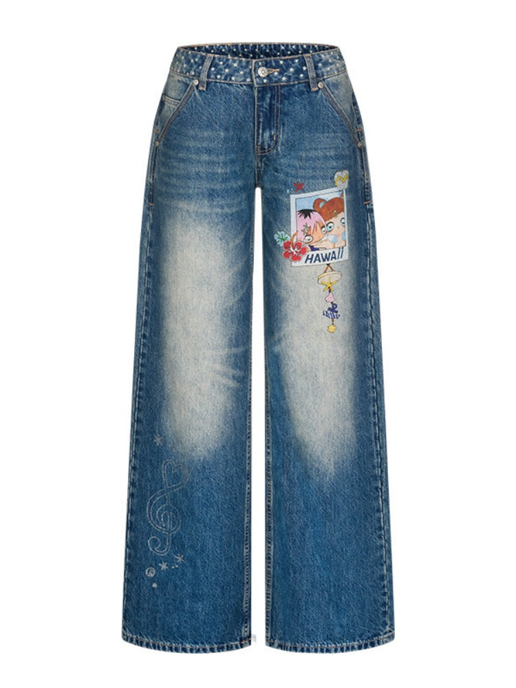 Star Polka Dot Patchwork Washed Jeans【s0000017349】