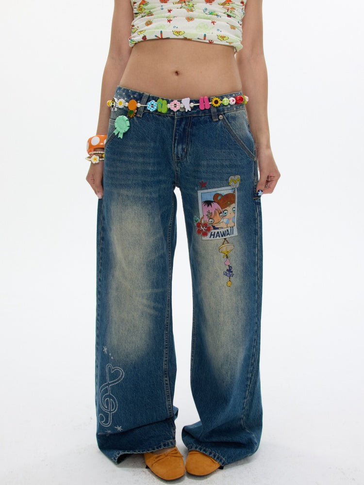 Star Polka Dot Patchwork Washed Jeans【s0000017349】
