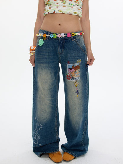 Star Polka Dot Patchwork Washed Jeans【s0000017349】