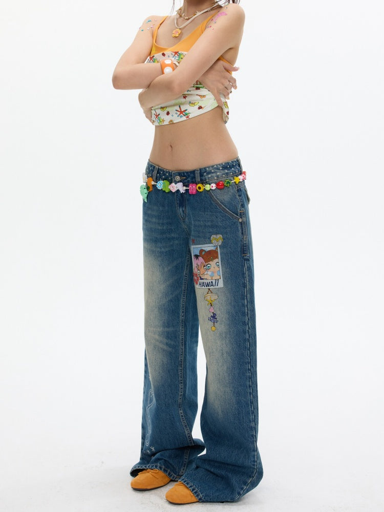 Star Polka Dot Patchwork Washed Jeans【s0000017349】