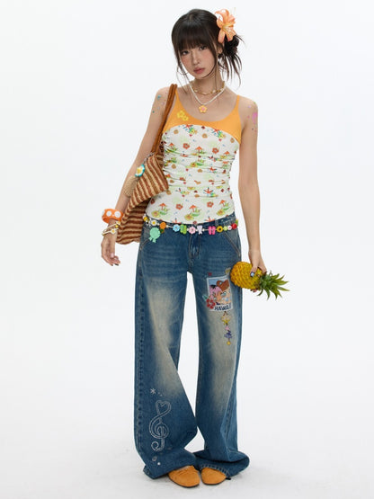 Star Polka Dot Patchwork Washed Jeans【s0000017349】