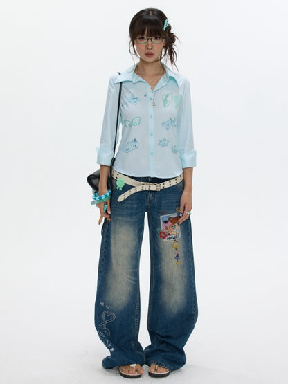 Star Polka Dot Patchwork Washed Jeans【s0000017349】