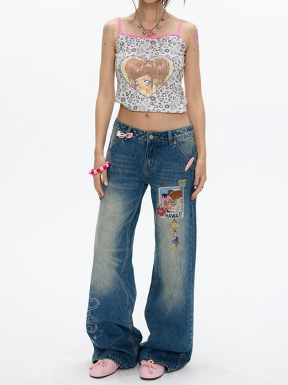 Star Polka Dot Patchwork Washed Jeans【s0000017349】