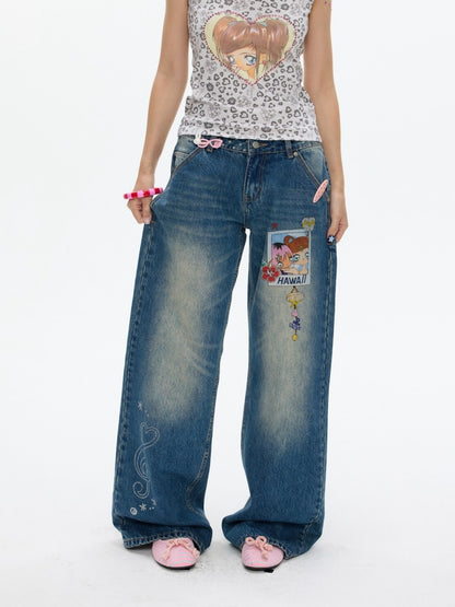 Star Polka Dot Patchwork Washed Jeans【s0000017349】