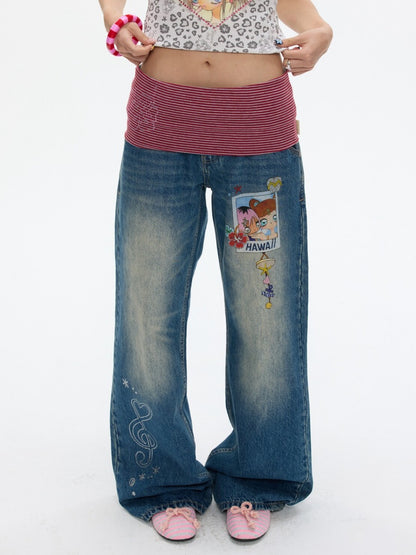 Star Polka Dot Patchwork Washed Jeans【s0000017349】