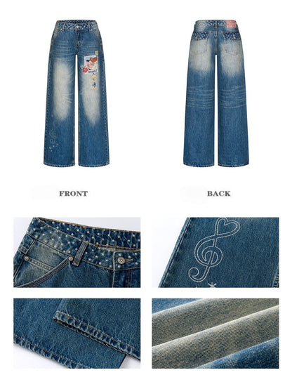 Star Polka Dot Patchwork Washed Jeans【s0000017349】