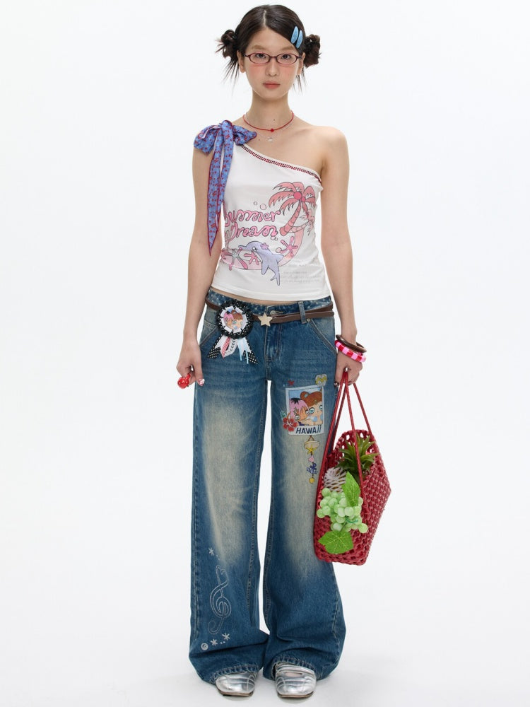 Star Polka Dot Patchwork Washed Jeans【s0000017349】