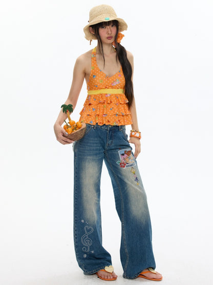 Star Polka Dot Patchwork Washed Jeans【s0000017349】