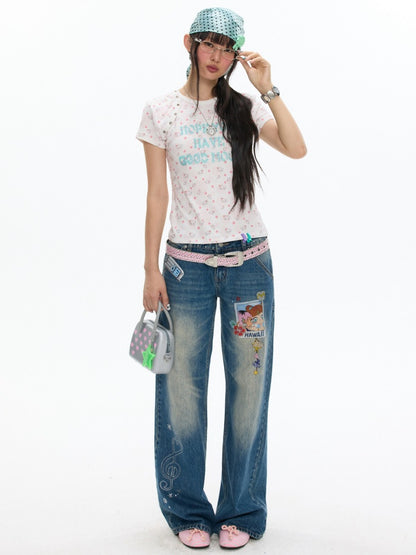 Star Polka Dot Patchwork Washed Jeans【s0000017349】