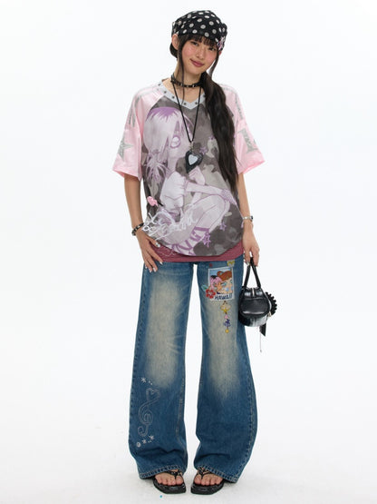 Star Polka Dot Patchwork Washed Jeans【s0000017349】